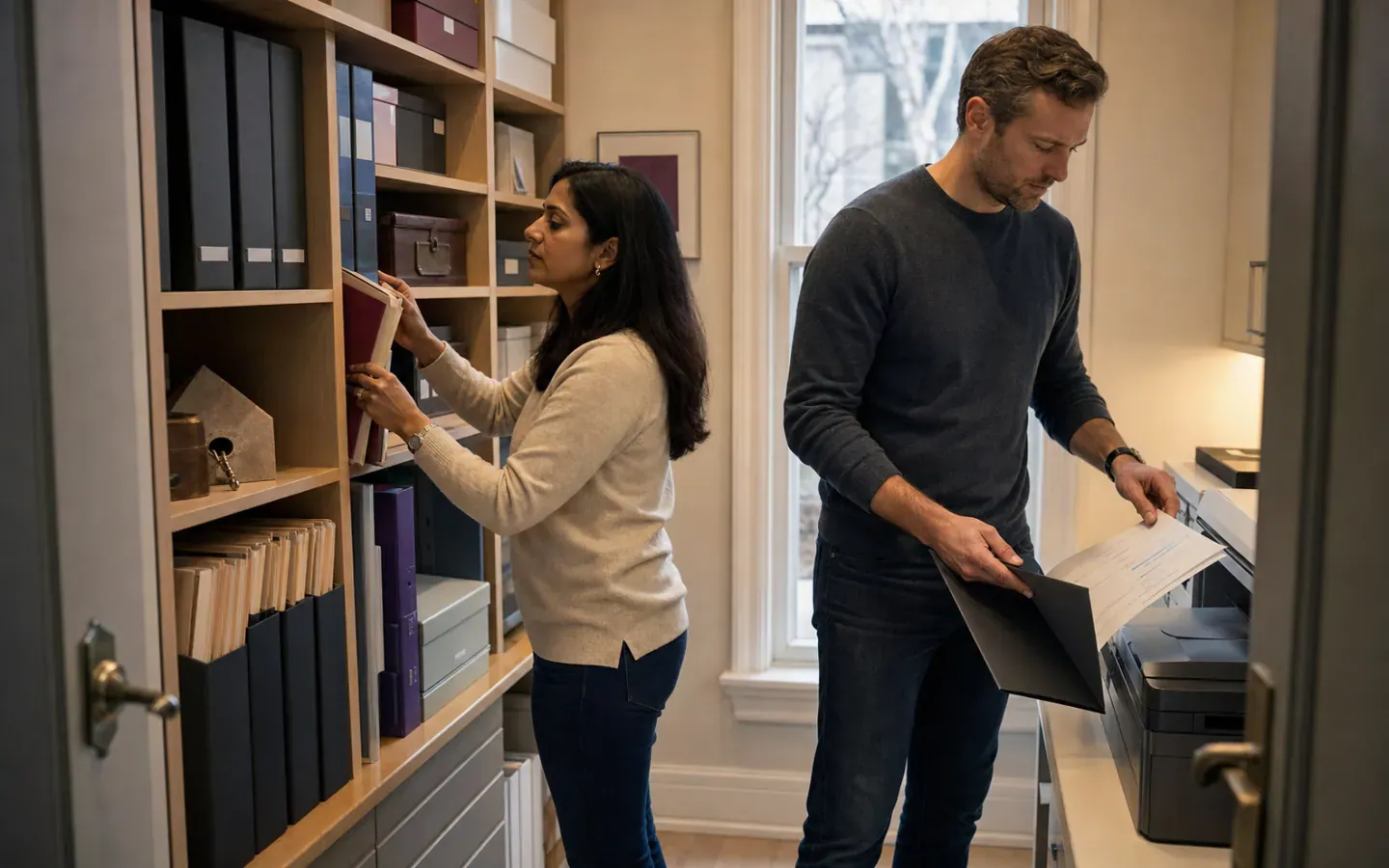 Engaged couple gathering financial disclosure records from shelves and a printer before drafting a Canadian prenup