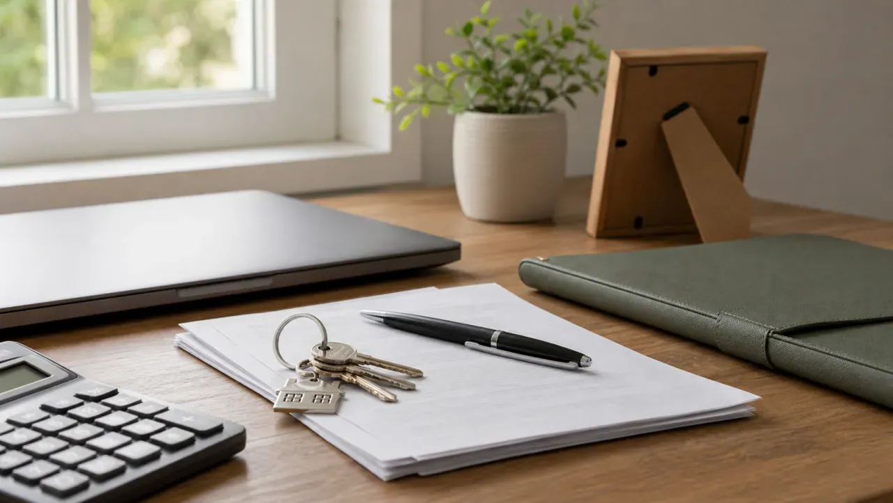 Condo keys, calculator, laptop, and financial paperwork on a home office desk