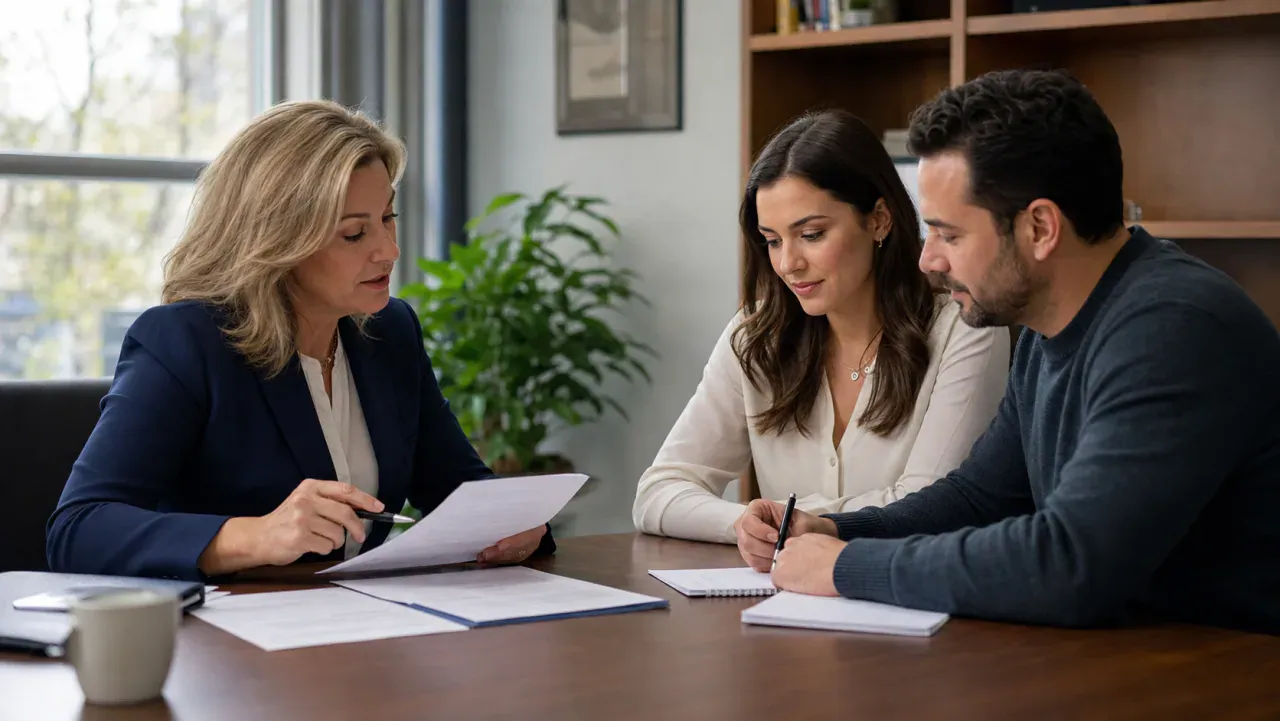 Lawyer reviewing a prenuptial agreement draft with a couple in an office