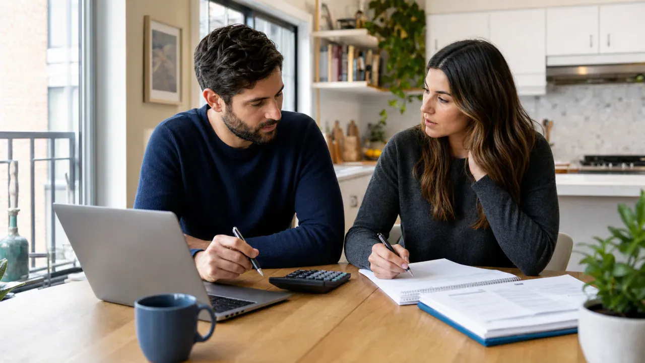 Couple reviewing prenup costs with a laptop, calculator, and paperwork at a kitchen table