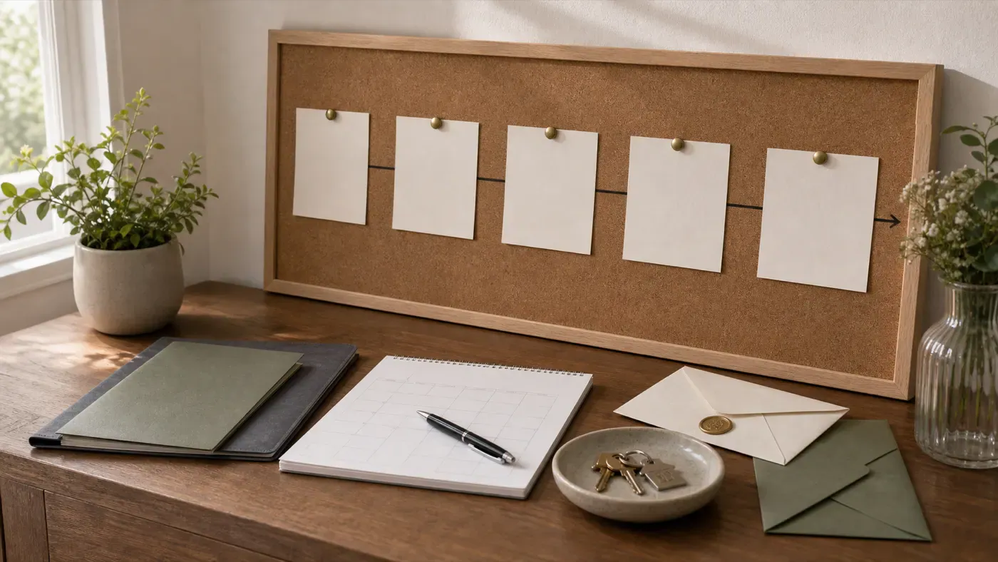 Blank timeline cards, folders, calendar, and keys arranged for creating a Canadian prenuptial agreement