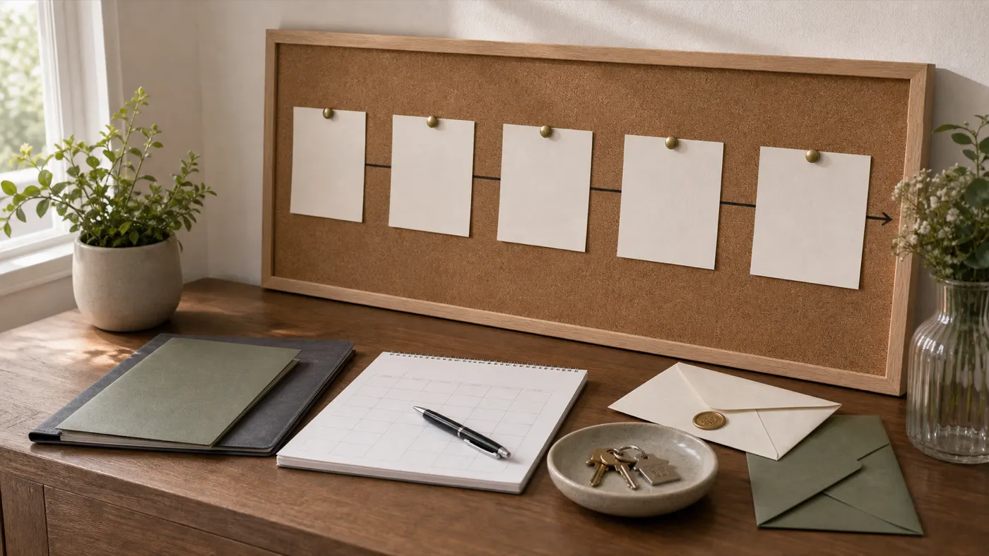 Blank timeline cards, folders, calendar, and keys arranged for creating a Canadian prenuptial agreement