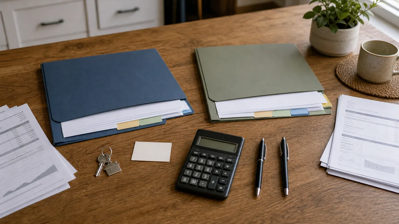 Two organized financial disclosure folders with tabs, calculator, keys, and blank statements