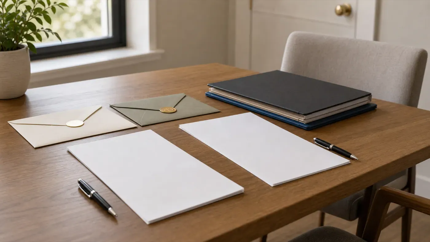 Signing-ready table with blank signature pages, pens, folders, and sealed envelopes