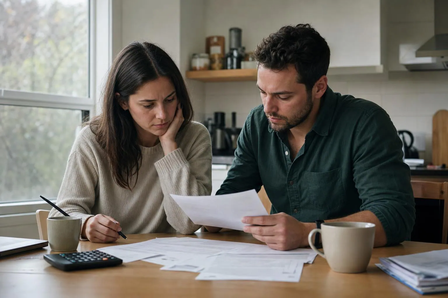 Couple reading legal documents at a kitchen table with a calculator and mugs