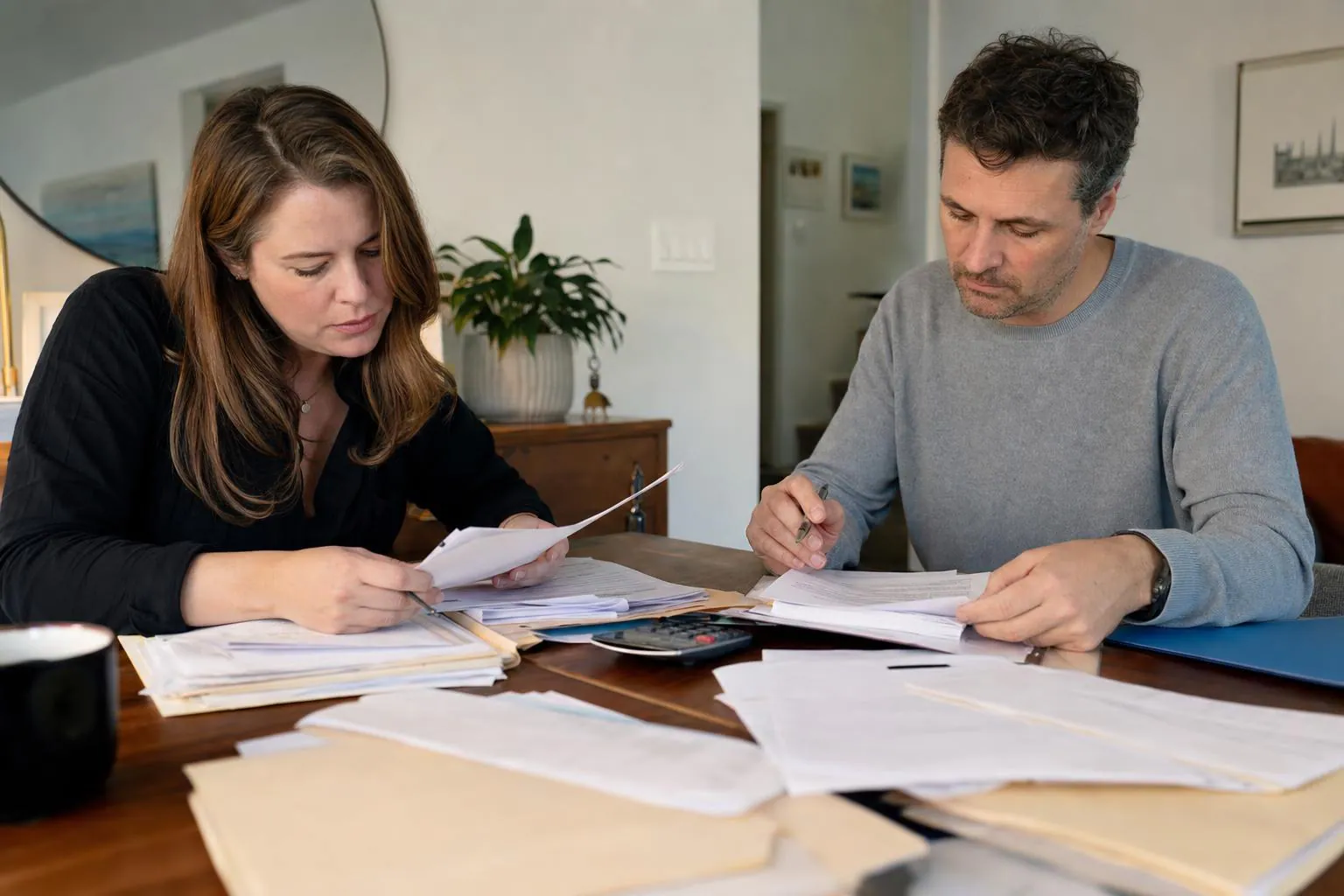 Organized financial disclosure documents on a dining table with two people sorting paperwork