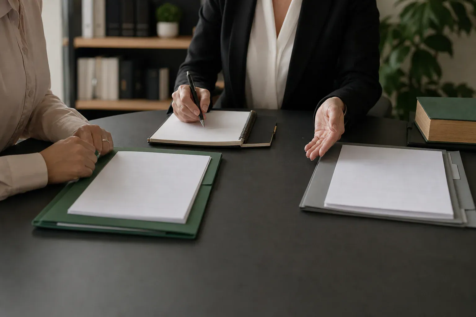 Lawyer reviewing blank prenup documents with separate folders for independent legal advice