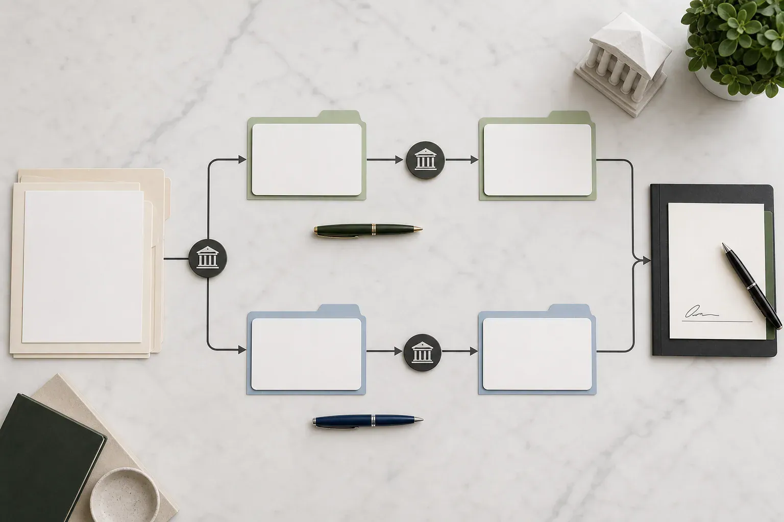Independent legal advice process diagram with two separate review paths before signing