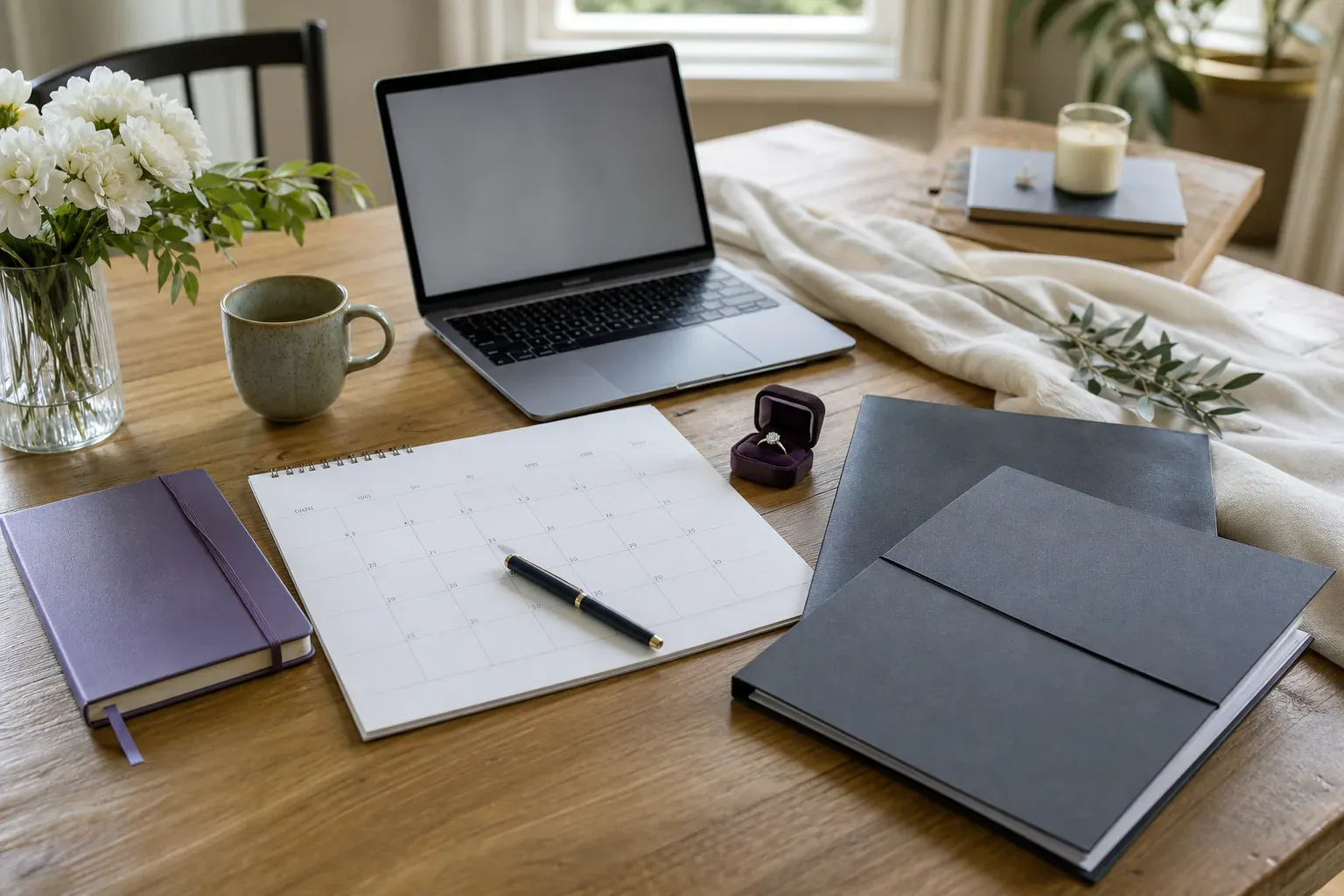 Wedding planning desk with calendar, rings, financial folders, and a pen for last-minute prenup planning