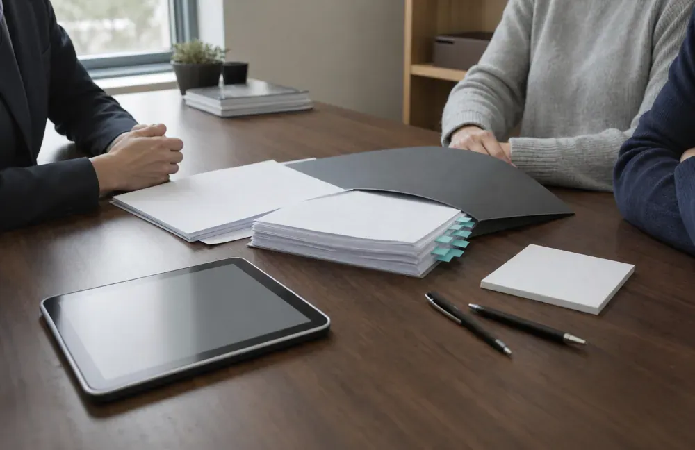 Law office table with a draft folder, tablet, and papers for independent legal advice on an online prenup