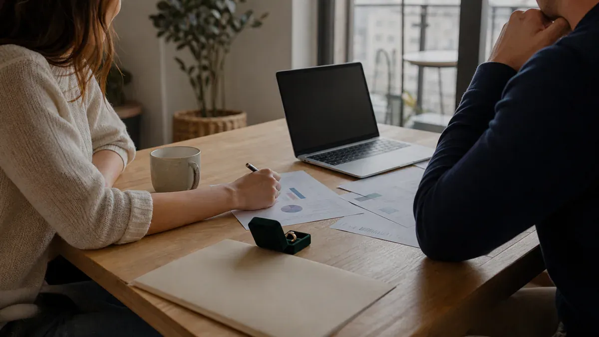 Engaged Canadian couple reviewing financial papers and a laptop while preparing an online prenup draft