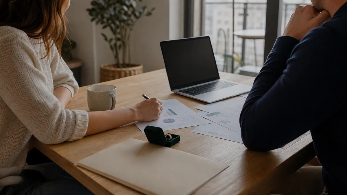 Engaged Canadian couple reviewing financial papers and a laptop while preparing an online prenup draft