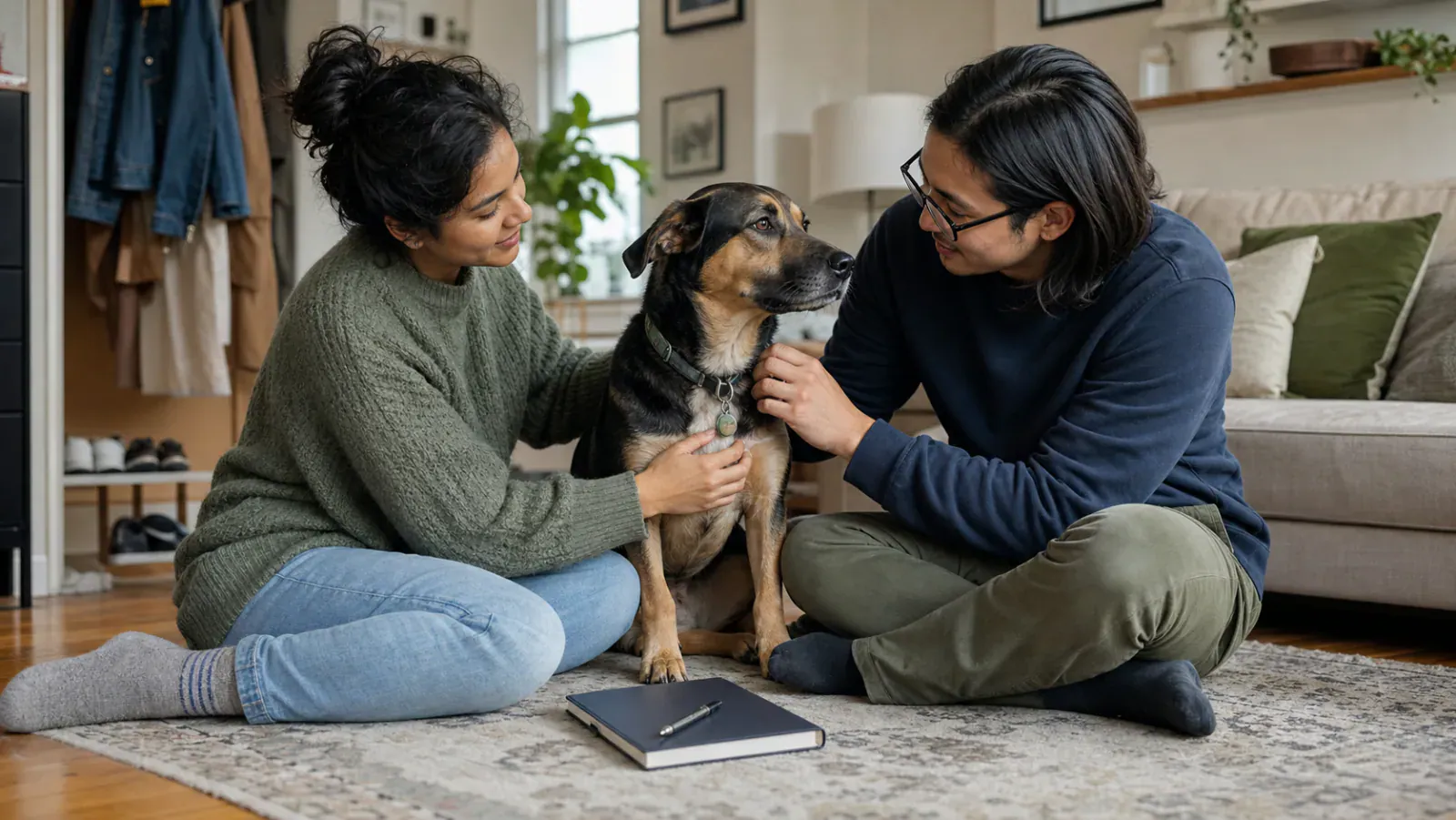 Canadian couple sitting with their dog while calmly planning future pet ownership and care