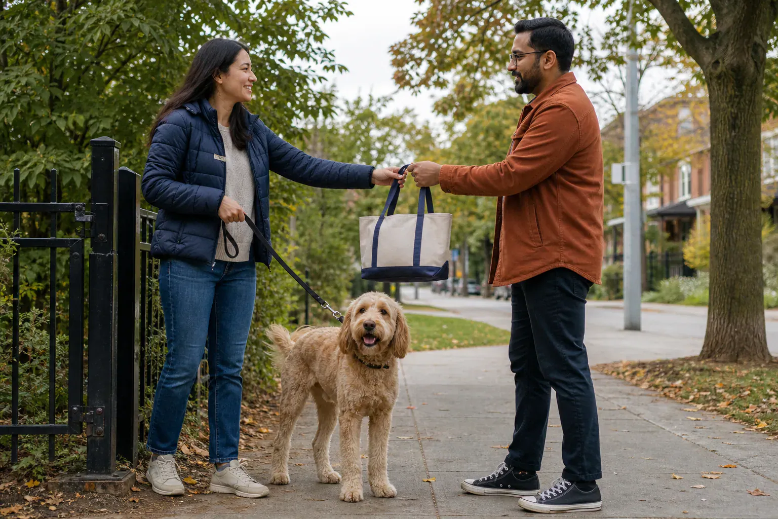 Two adults calmly exchanging a dog's leash and care bag during an agreed pet-sharing handoff
