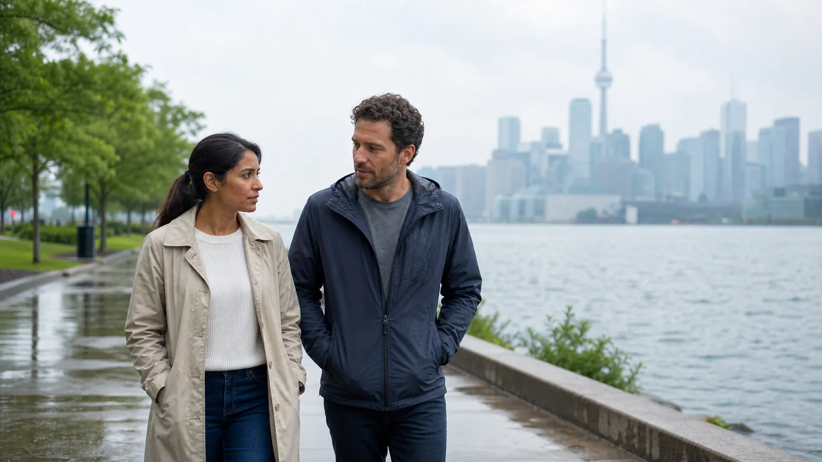 Married couple having a serious conversation while walking along Toronto's waterfront after rain