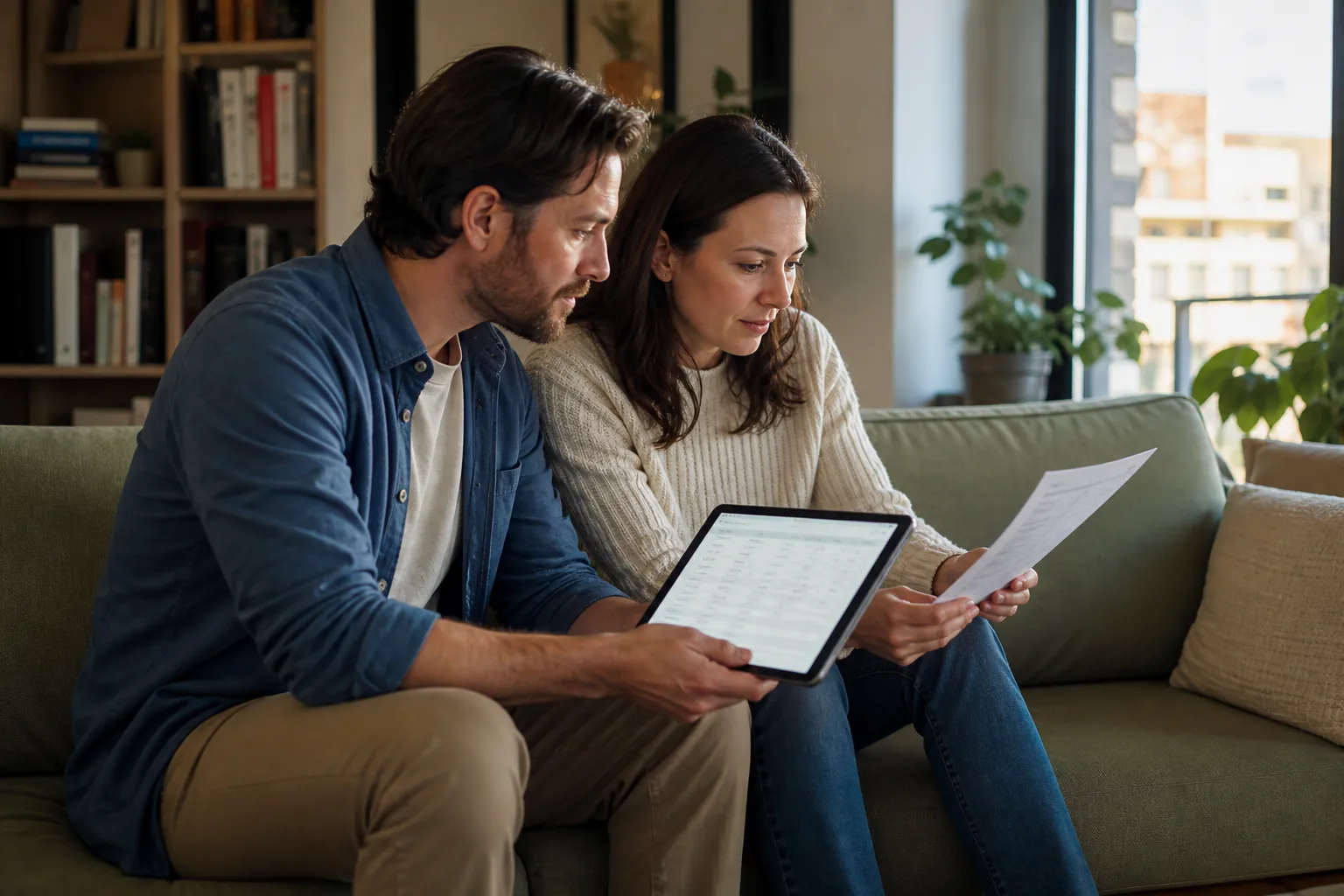 Canadian spouses reviewing financial disclosure on a tablet and statement in their living room
