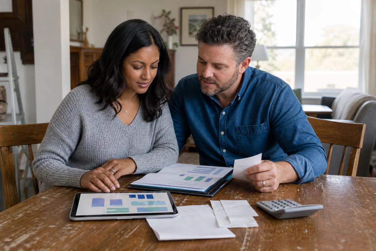 Married Canadian couple calmly comparing household financial documents and a budget at their dining table