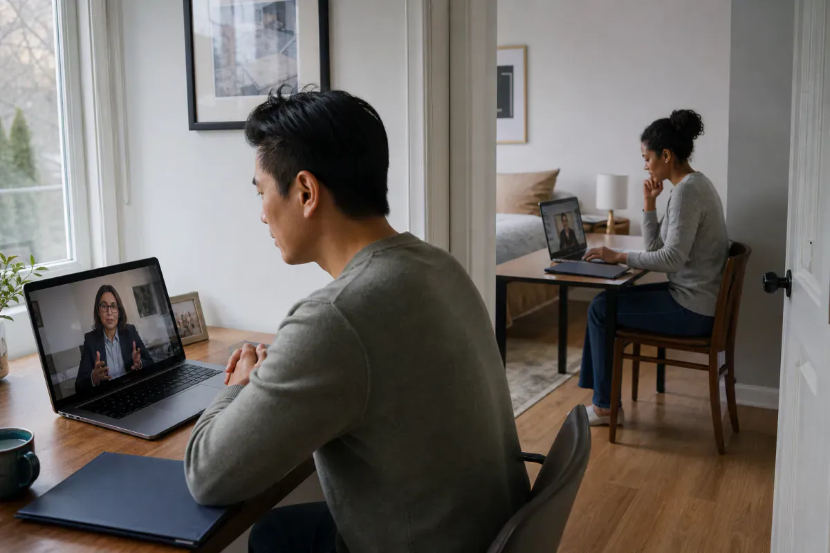 Married spouses in separate rooms of the same home receiving independent legal advice on different video calls