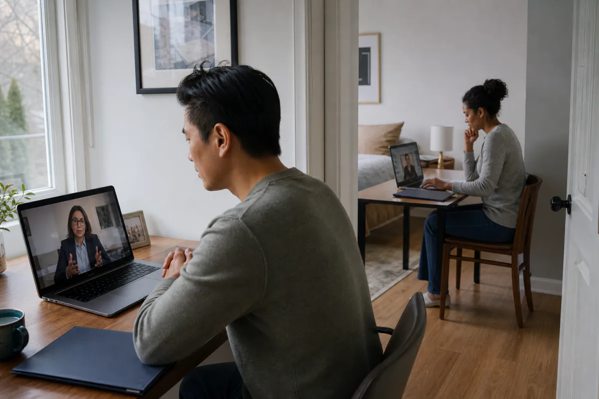 Married spouses in separate rooms of the same home receiving independent legal advice on different video calls