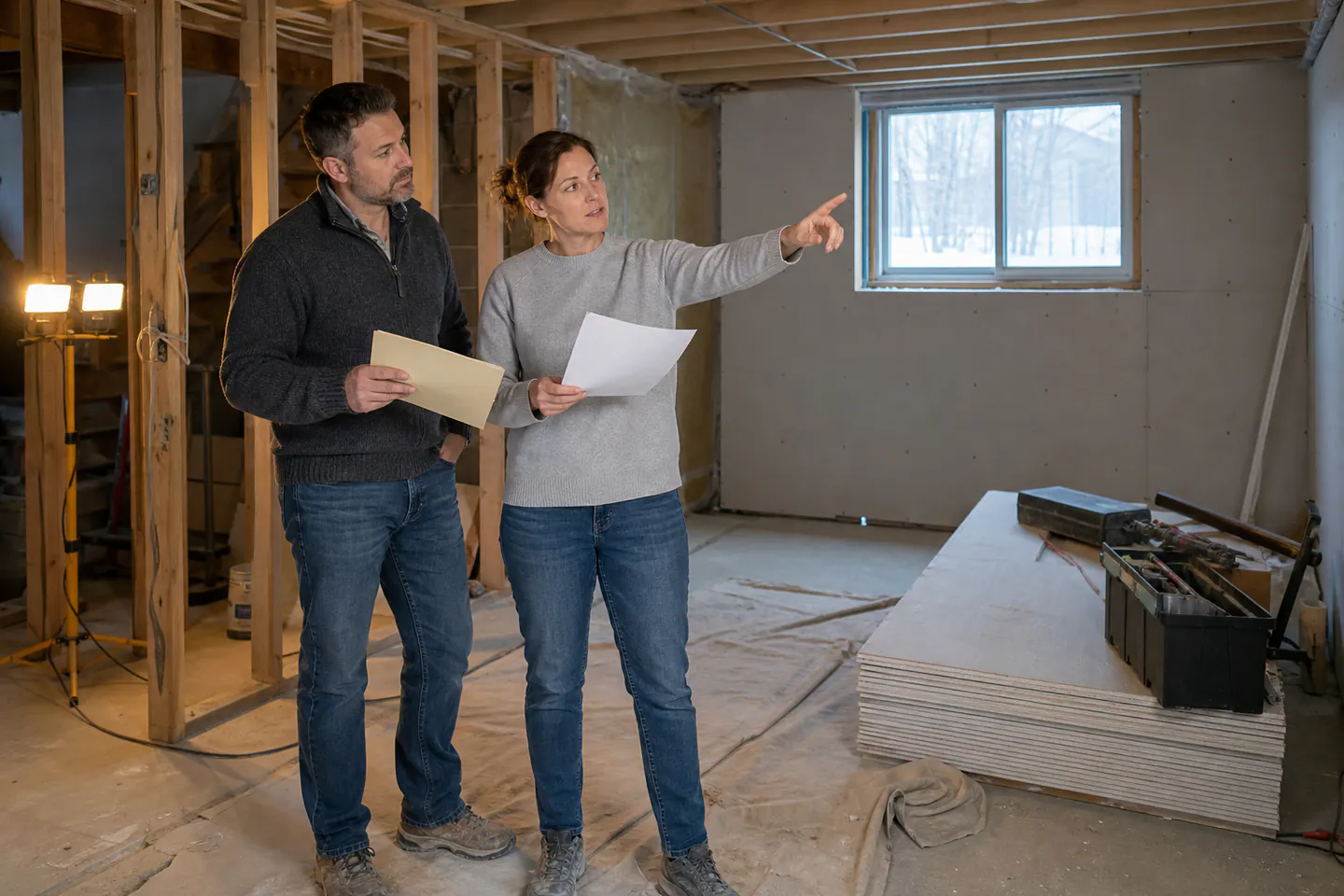 Married couple reviewing renovation and mortgage costs before using inherited money on their home