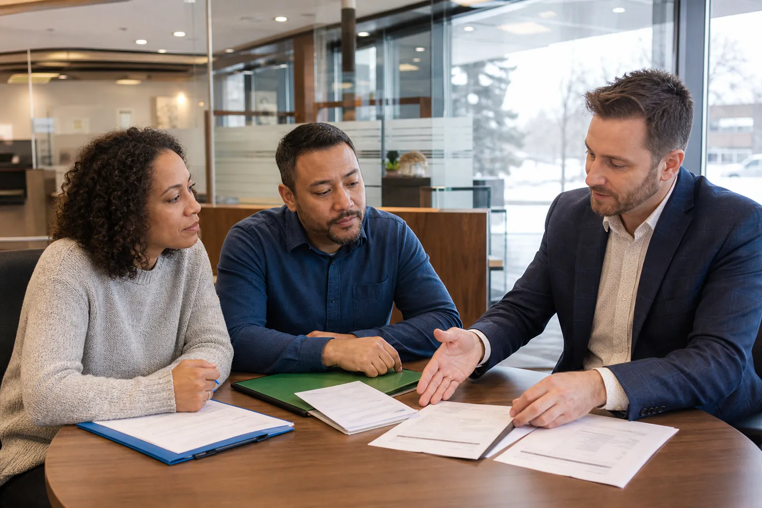 Married Canadian couple discussing inherited funds and a mortgage with a credit union advisor