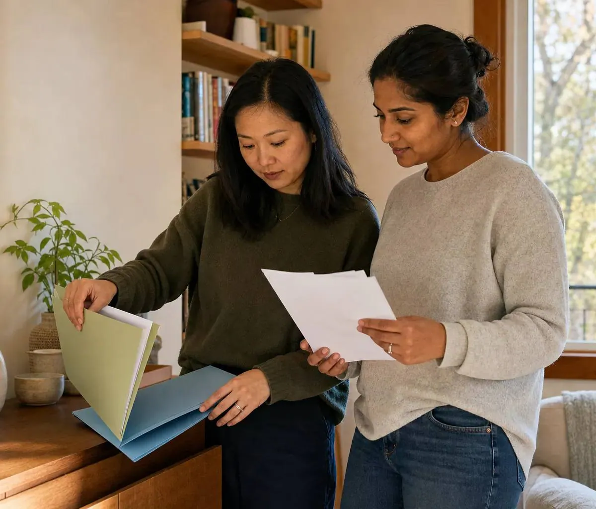 Two married women organizing financial records together at home