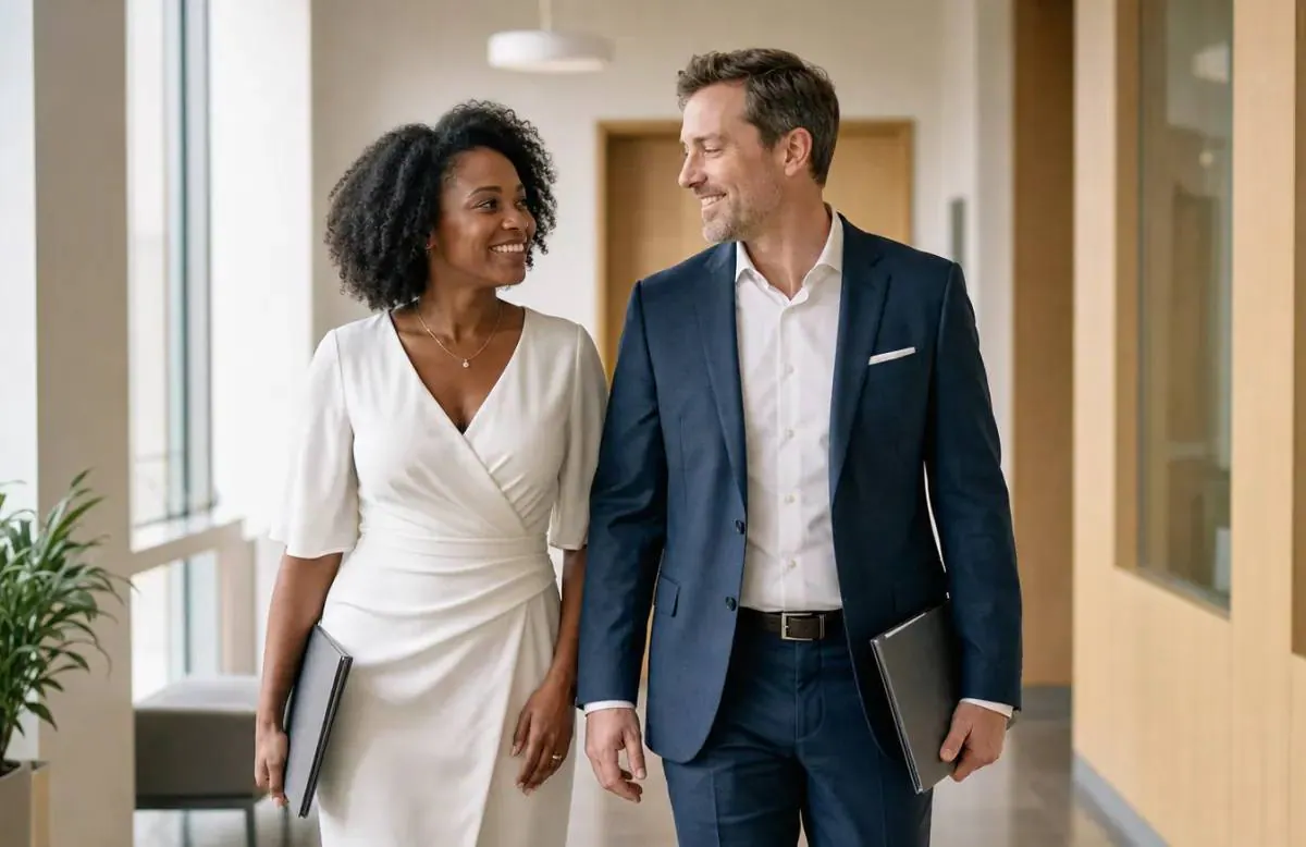 Interracial married couple arriving together for a family law appointment
