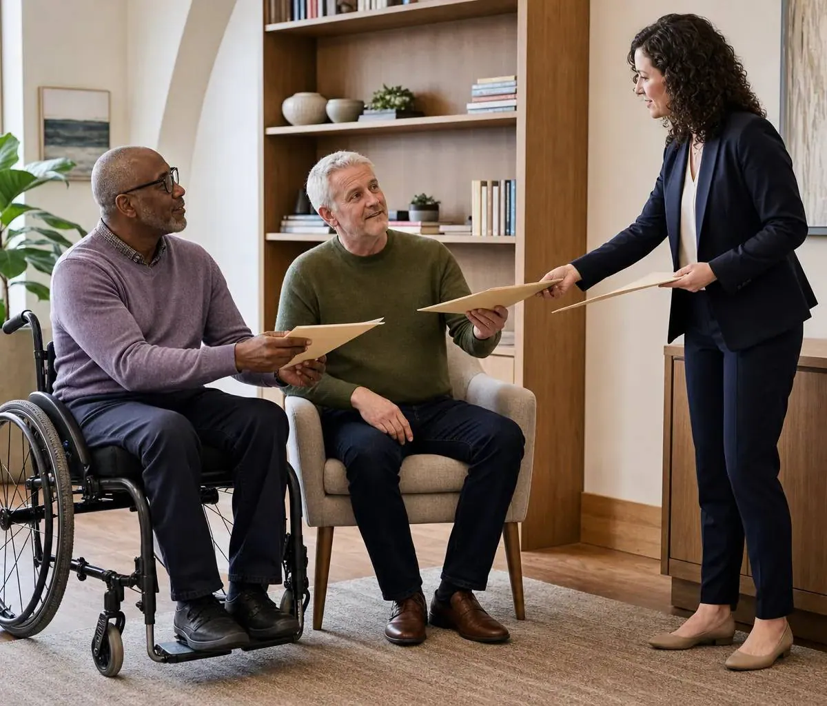 Older married couple, including a wheelchair user, receiving separate folders from a family lawyer