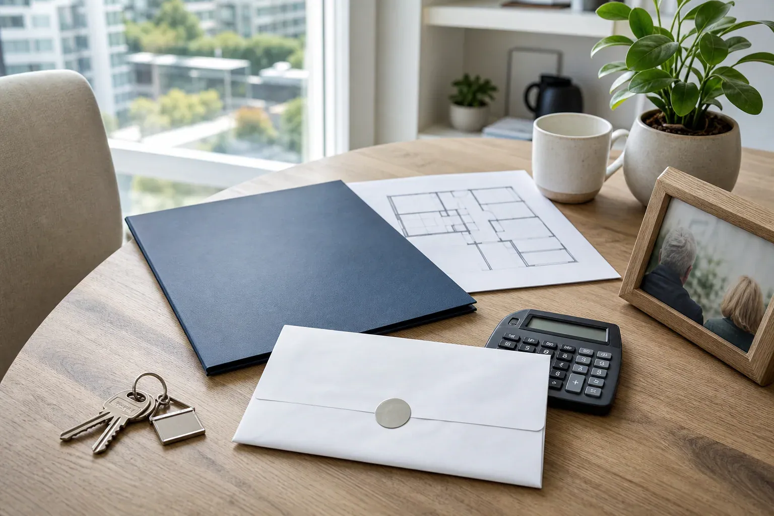 House keys, parent gift documents, a bank draft envelope, and a blank agreement folder arranged for Canadian down payment prenup planning