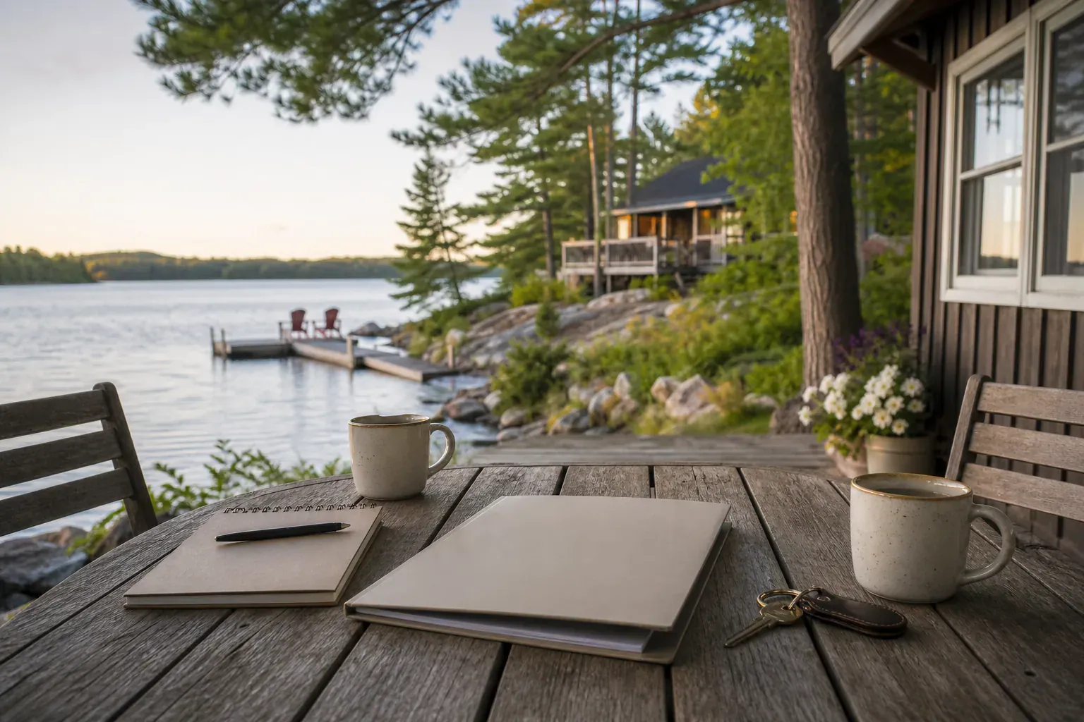 Lakeside Canadian cottage table with blank planning folder, notebook, mugs, and keys for family cottage prenup planning