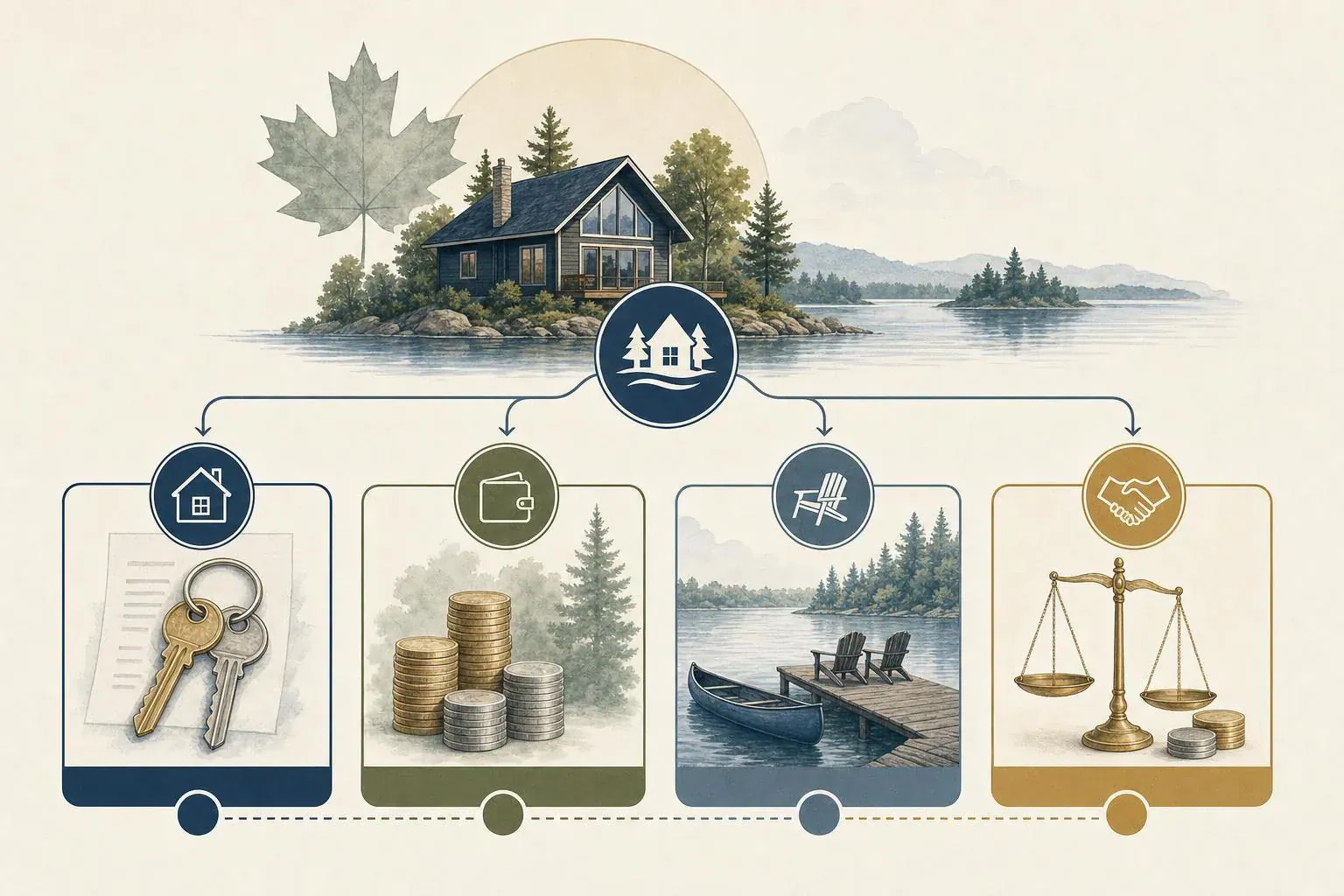 Diagram showing a Canadian cottage prenup planning map with icons for ownership, money, usage, and buyout terms