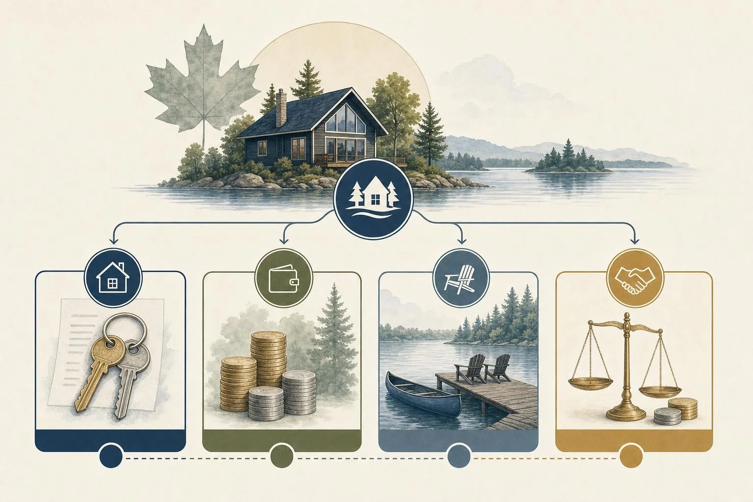 Diagram showing a Canadian cottage prenup planning map with icons for ownership, money, usage, and buyout terms