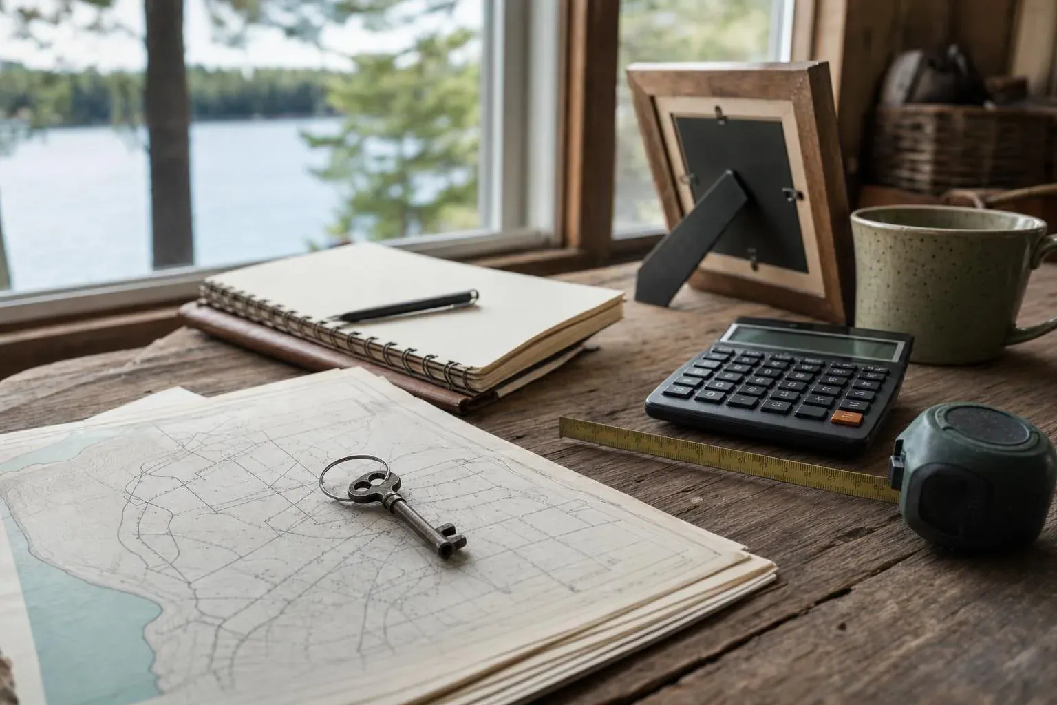 Cottage key, survey map, notebook, calculator, and measuring tape arranged for family cottage prenup documentation