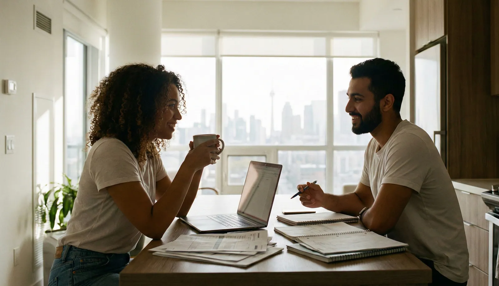 Couple talking at a table with a laptop, notebooks, and paperwork