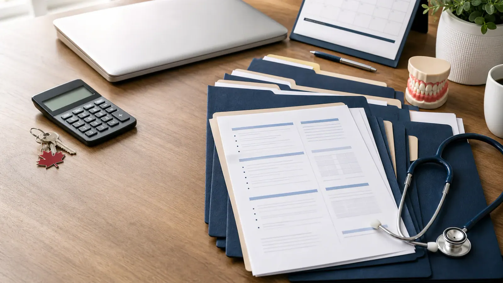 Organized financial disclosure package with professional practice folders, clinic keys, calculator, stethoscope, dental model, and laptop