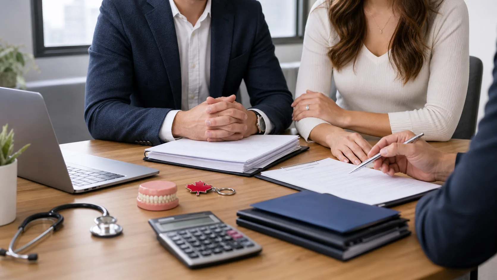 Professional couple reviewing a prenup disclosure package with dental and medical practice items in a Canadian office