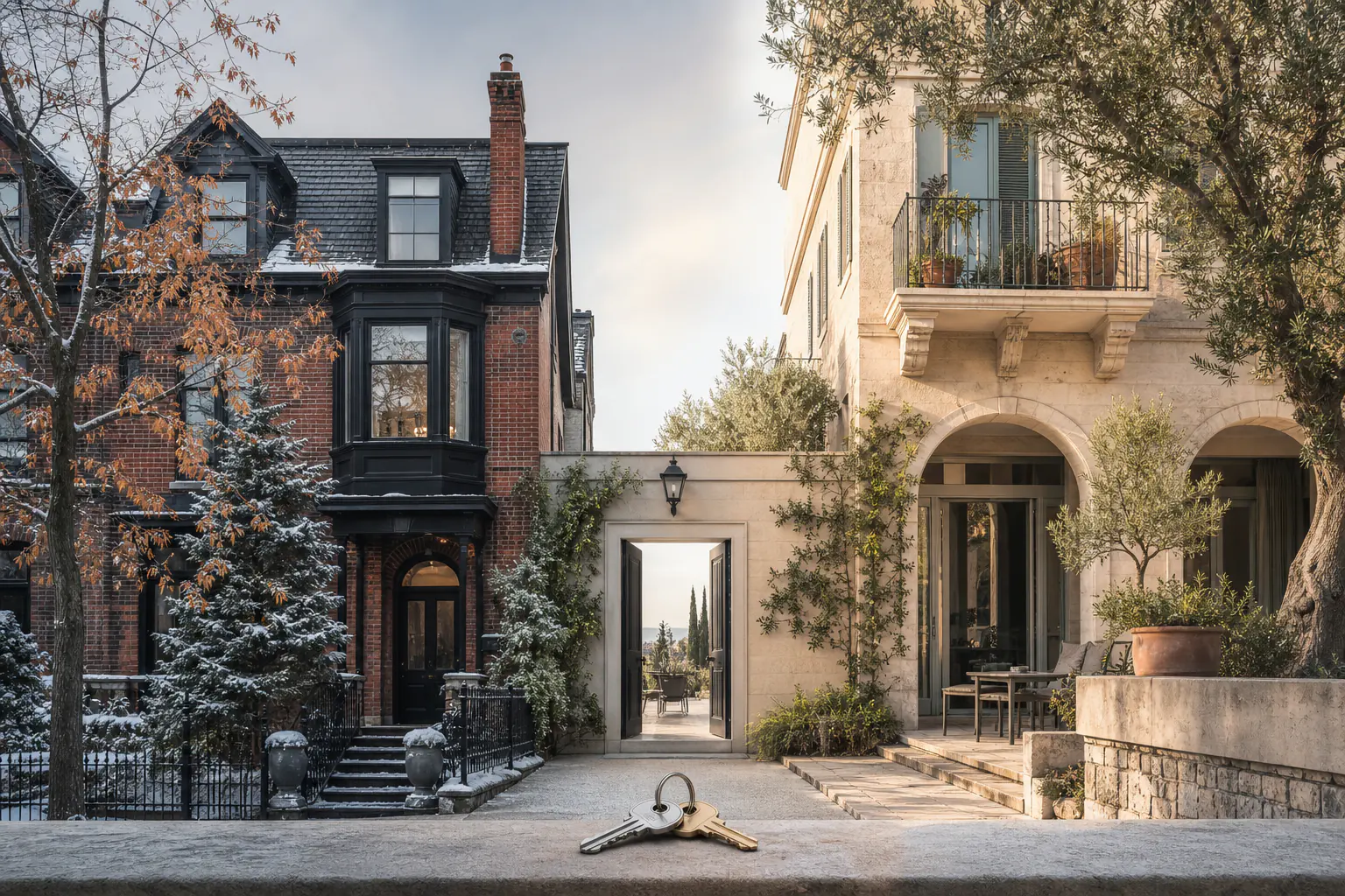 Snowy Toronto townhouse and sunlit Mediterranean home connected by an open doorway, representing property in two countries