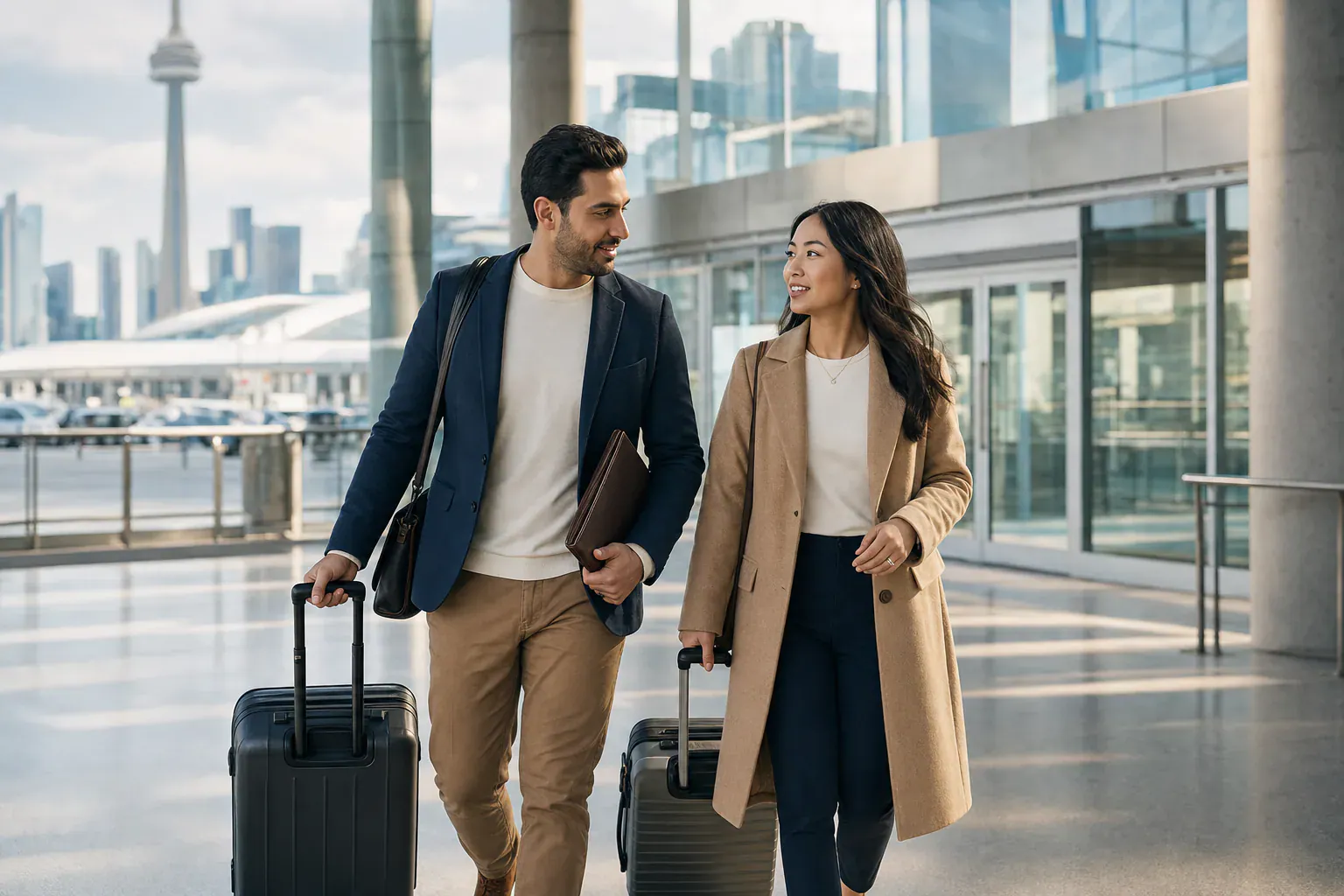 International engaged couple arriving in Toronto with luggage and a document portfolio before planning a Canadian prenup