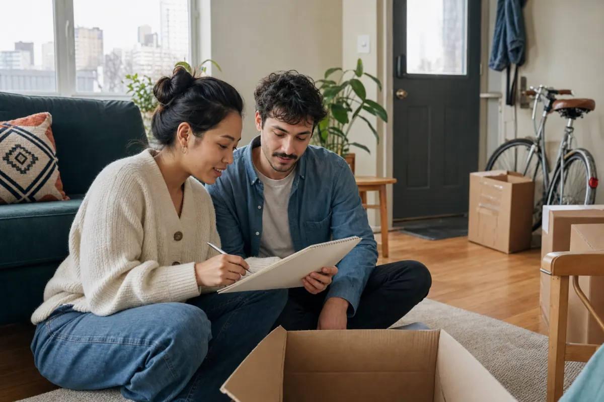 Engaged couple planning their future in a modest Canadian apartment with moving boxes