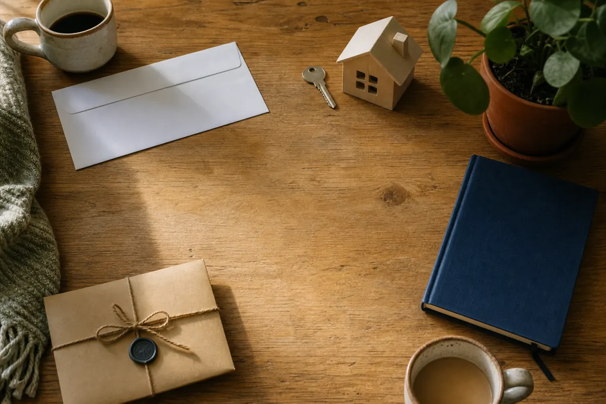 House key, blank envelopes, business notebook, and plant representing future financial milestones