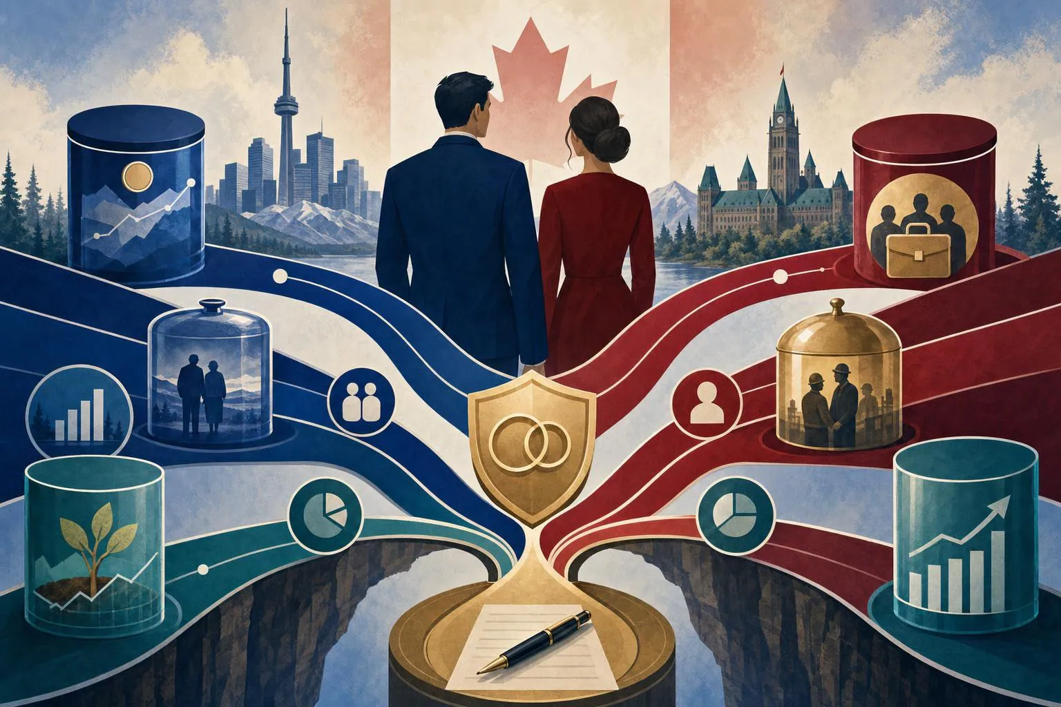 Bold illustration of Canadian retirement account streams, pension timelines, RRSPs, TFSAs, and workplace pension paths converging before marriage.