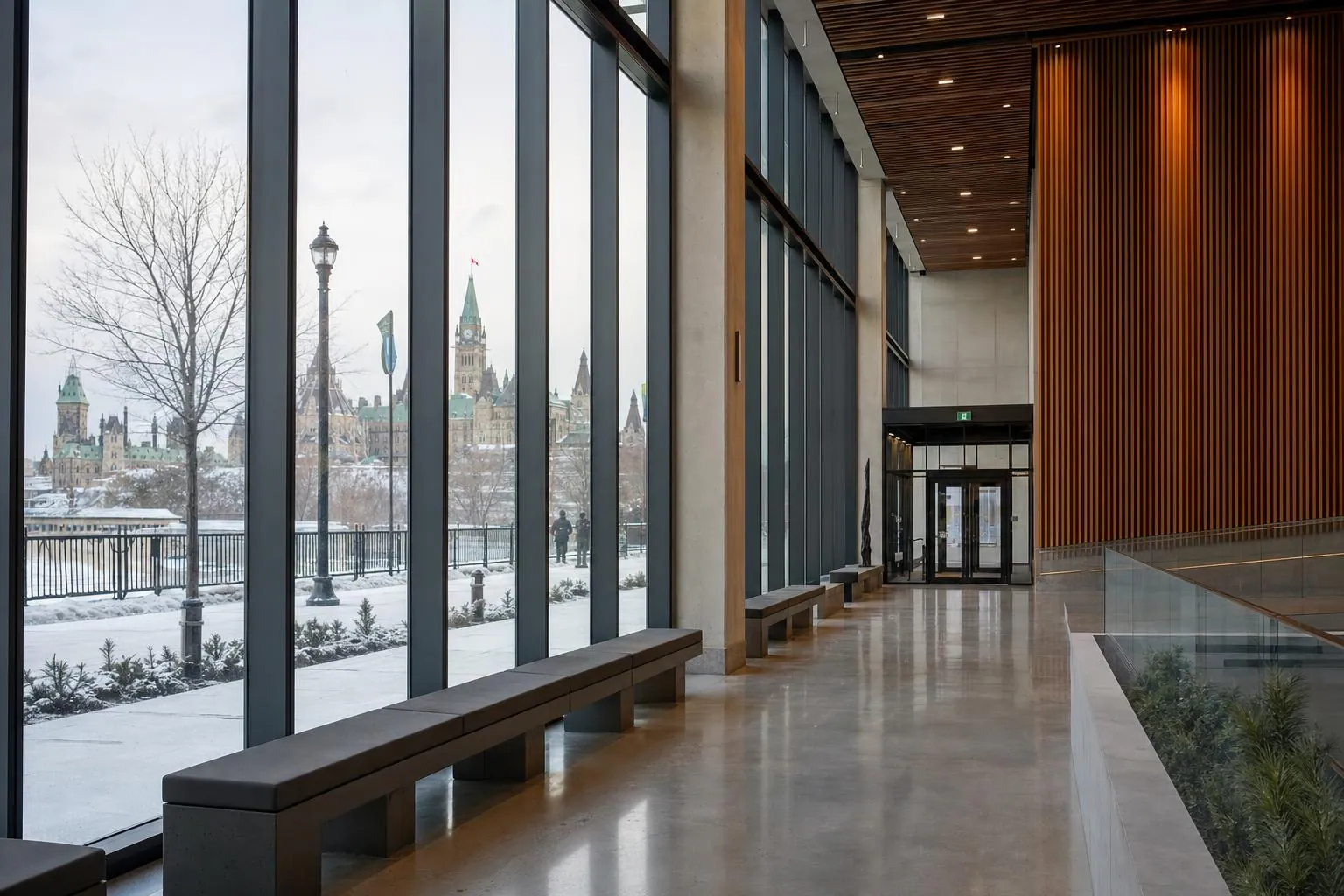Architectural Canadian pension-planning setting with civic glass, winter city context, and no desk paperwork.