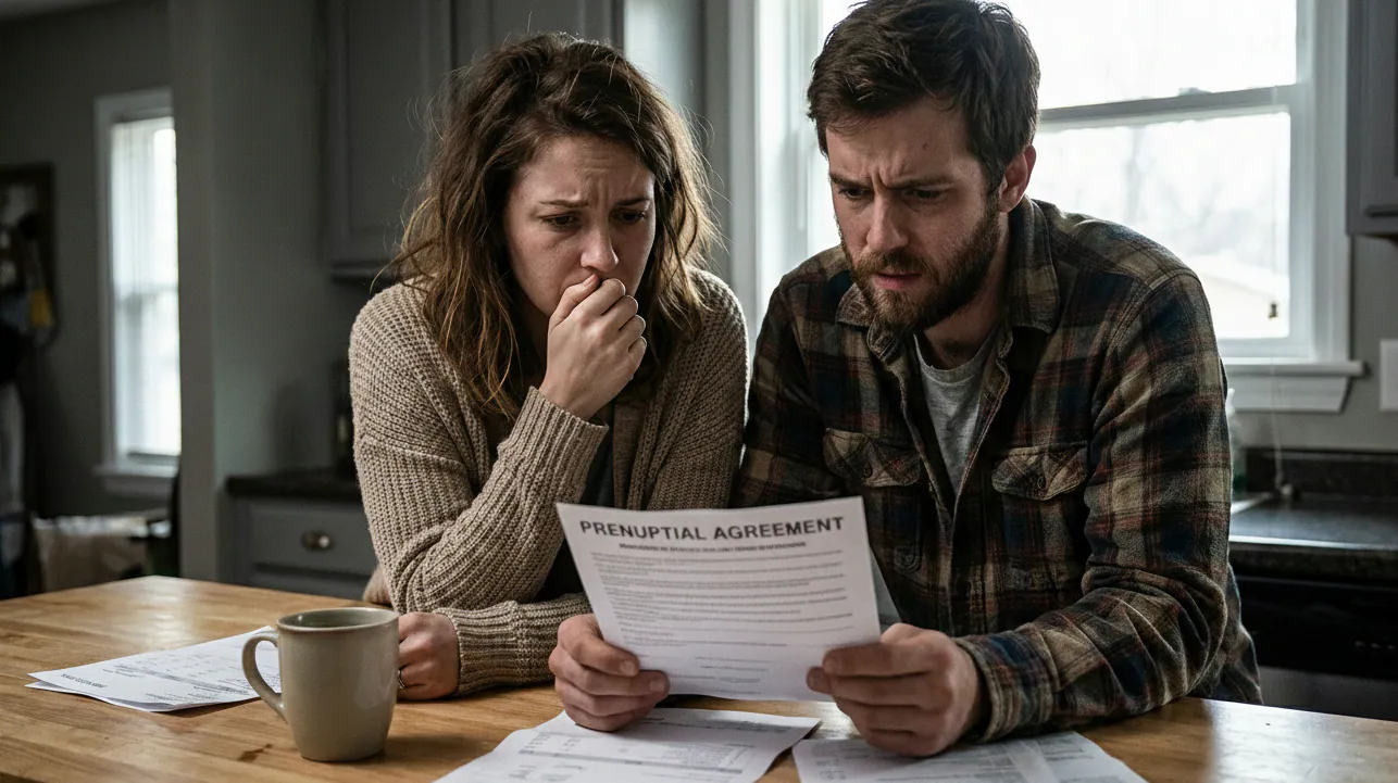 Worried couple reading a prenuptial agreement at a kitchen table