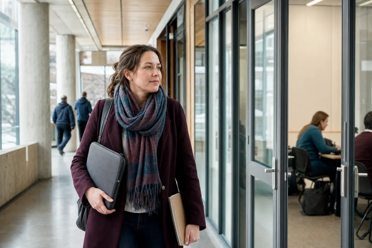 Parent arriving at a Canadian continuing-education classroom to prepare for career re-entry after caregiving