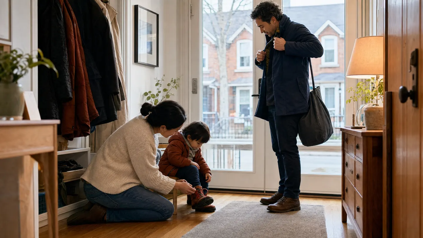 Canadian parents sharing a morning child-care handoff as one prepares to leave for paid work