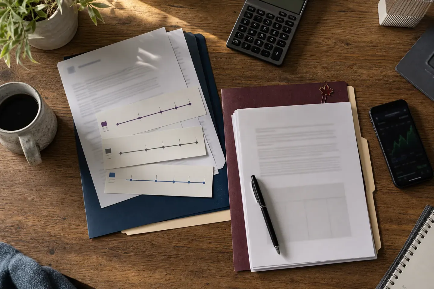 Top-down view of equity grant papers, vesting cards, calculator, disclosure folders, and a phone chart