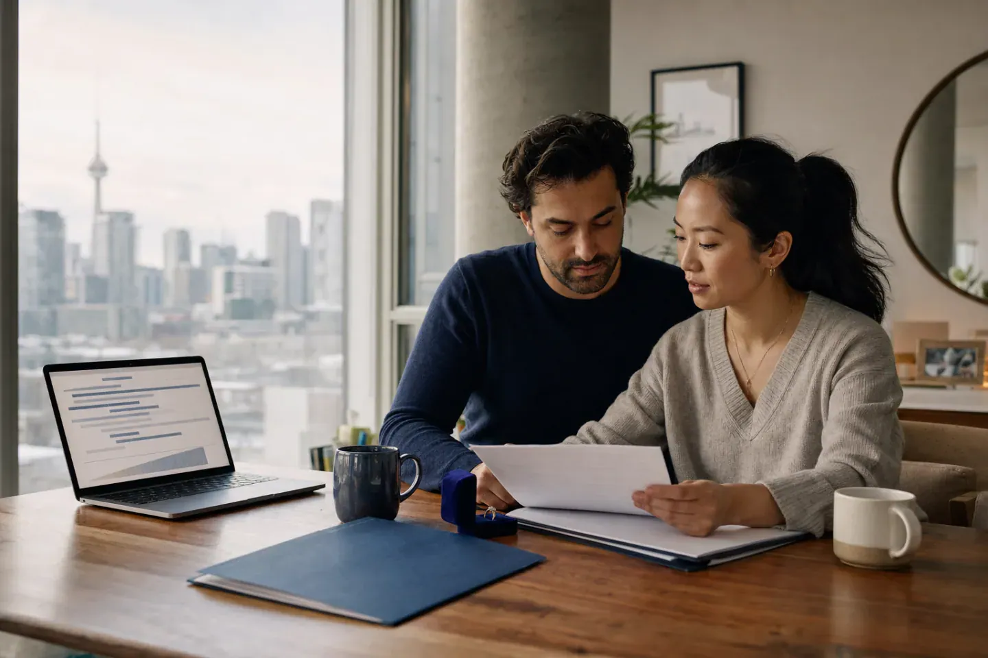Engaged Canadian tech couple reviewing stock option and RSU documents together in a Toronto condo
