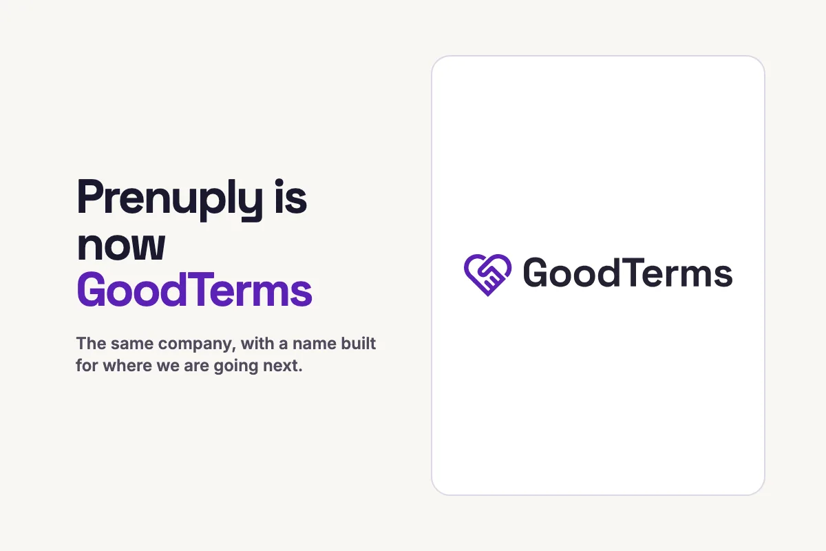 Prenuply is now GoodTerms rebrand announcement with the GoodTerms logo