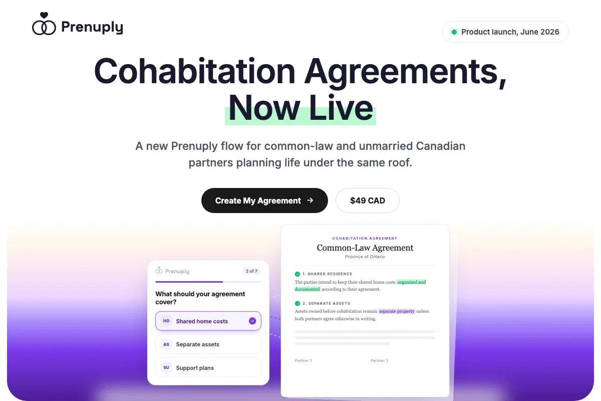 Prenuply launch graphic announcing cohabitation agreements are now live
