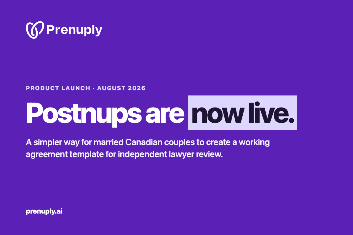 Prenuply product launch graphic announcing postnuptial agreements are now live in Canada